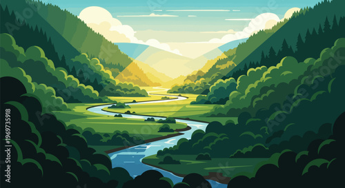Scenic Mountain Valley with Winding River and Lush Forest Landscape