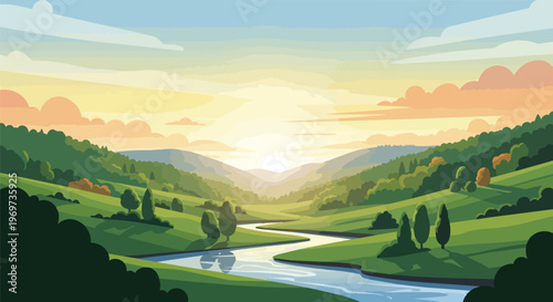 Scenic River Valley Landscape with Rolling Green Hills at Sunrise