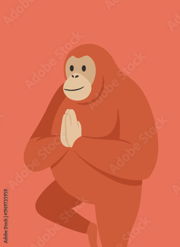 Orangutan in yoga pose, mindfulness meditation, graceful ape balancing on one leg, nature and zen concept.