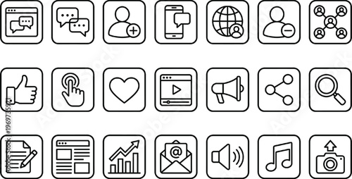 Social Media and User Interface Icon Set Featuring Communication, Messaging, Profile, Interaction, Multimedia, Sharing, Notifications, and Digital App Line Vector Symbols