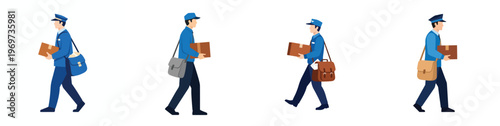 Set of postal worker carrying a brown package and a mailbag, minimalist flat art, no stroke, white background.