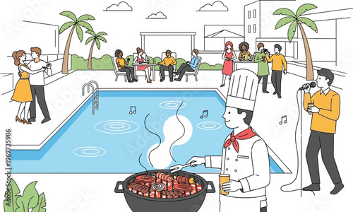 People enjoying a backyard barbecue party by the swimming pool with a chef grilling food and a singer performing