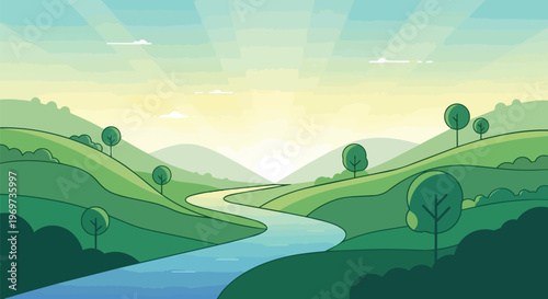 Flat Vector Landscape Illustration of a Winding River Through Green Hills at Sunrise