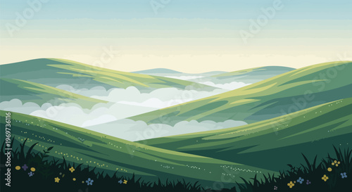 Pixel Art Landscape with Rolling Green Hills and Morning Fog
