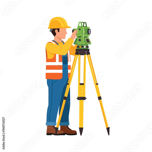 Professional Surveyor Character Operating Modern Total Station for Accurate Land Measurement and Construction Site Mapping Vector Illustration