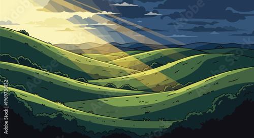 Pixel Art Landscape of Rolling Green Hills under Dramatic Sunbeams