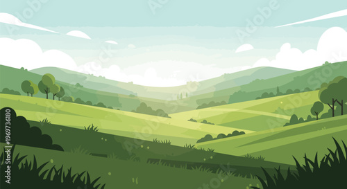 Flat Vector Illustration of Rolling Green Hills and Countryside Landscape