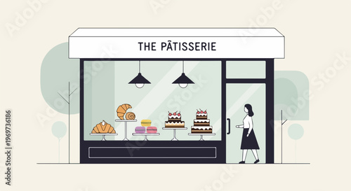 Illustration of patisserie shop storefront, showing delicious pastries and sweet desserts on display stands inside window. Woman entering patisserie shop to enjoy fresh baked goods, cakes, croissants,