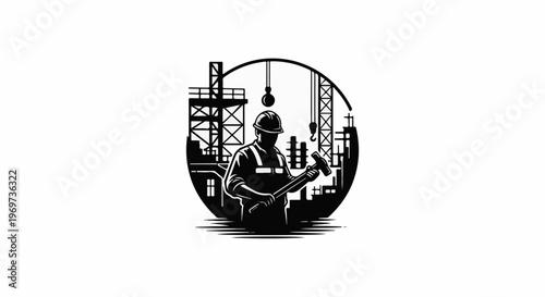 Silhouette of construction worker with hammer amidst industrial structures