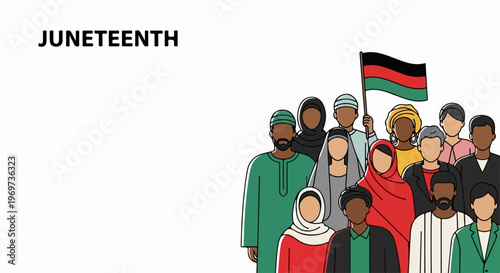 Diverse group of people participating in Juneteenth celebration, holding Pan African flag symbolizing freedom, unity, and heritage.