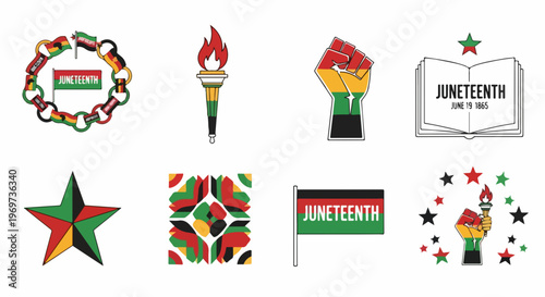 Juneteenth symbols collection featuring various icons, torch, raised fist, book, star, flag designs. Juneteenth emblems represent freedom, unity, independence for historical observance.
