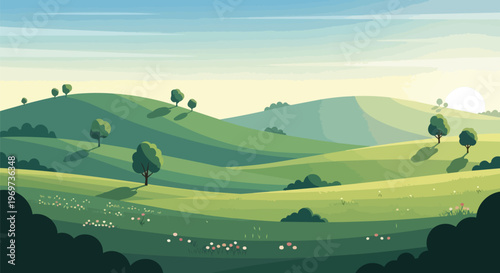 Serene Green Rolling Hills Landscape with Trees at Sunrise