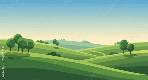 Minimalist Vector Landscape with Rolling Green Hills and Trees
