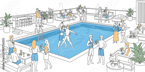 People enjoying a rooftop pool party with drinks and city view