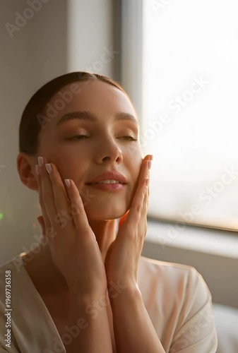 Woman with eyes closed touching her face gently during morning skincare routine