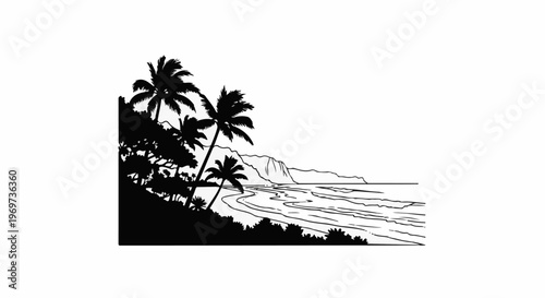 Silhouette of palm trees and lush vegetation on a tropical coastline with mountains