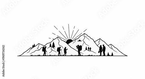 Silhouette of hikers with backpacks and a couple against mountains and sunrise