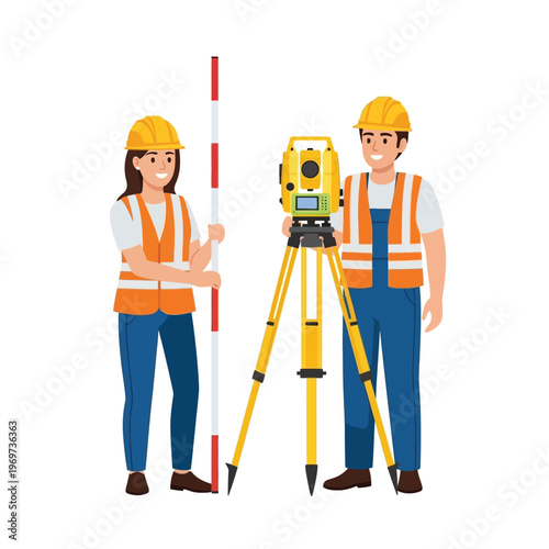 Surveyors using surveying equipment and tools, like a total station and prism pole, for land measurement