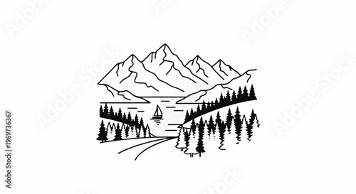 Mountainous landscape with lake, trees, and a sailboat