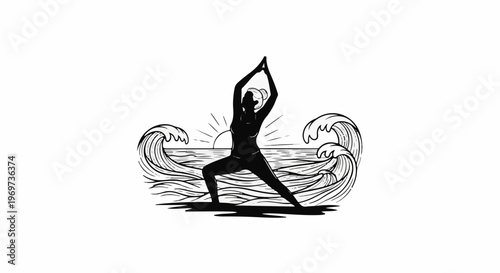 Silhouette of person in yoga pose with ocean waves and sunrise
