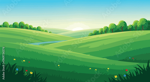 Beautiful Green Rolling Hills Landscape with Sunrise and Wildflowers