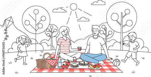 Family enjoying a picnic in the park with kids playing outside