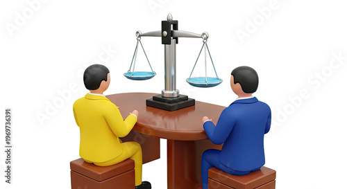 3D Illustration of Two Businessmen and Scales of Justice