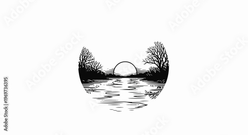 Silhouette of bare trees framing a circular horizon with a setting sun and tranquil water