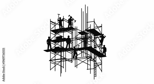 Silhouetted construction workers diligently build on scaffolding structures