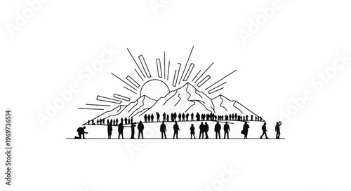 Silhouetted figures stand before a mountain range bathed in stylized sunrays
