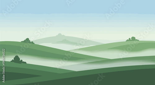 Minimalist Digital Illustration of Rolling Green Hills and Misty Valleys
