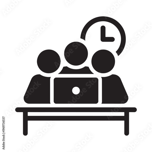 Team collaborating on a laptop with a time clock icon above