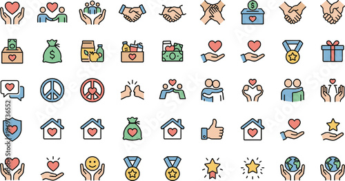 Social Responsibility and Charity Icons Set Featuring Donation, Peace, Family, Gift, and Support for Nonprofit, Social Impact, and Health Designs