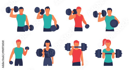 A personal trainer holding a heavy dumbbell, minimalist flat design, no outlines, white background.