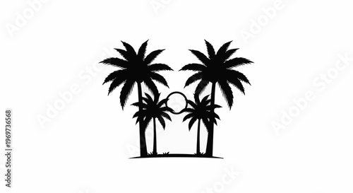 Silhouettes of palm trees with a circular element between them
