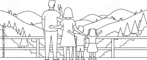 Family taking a selfie on a scenic mountain overlook with a railing