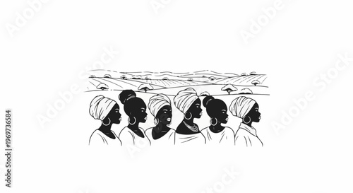 Silhouettes of women in headwraps stand against a scenic rural landscape
