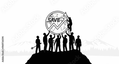 Silhouettes of people lifting globe with "SAVE" and upward arrow