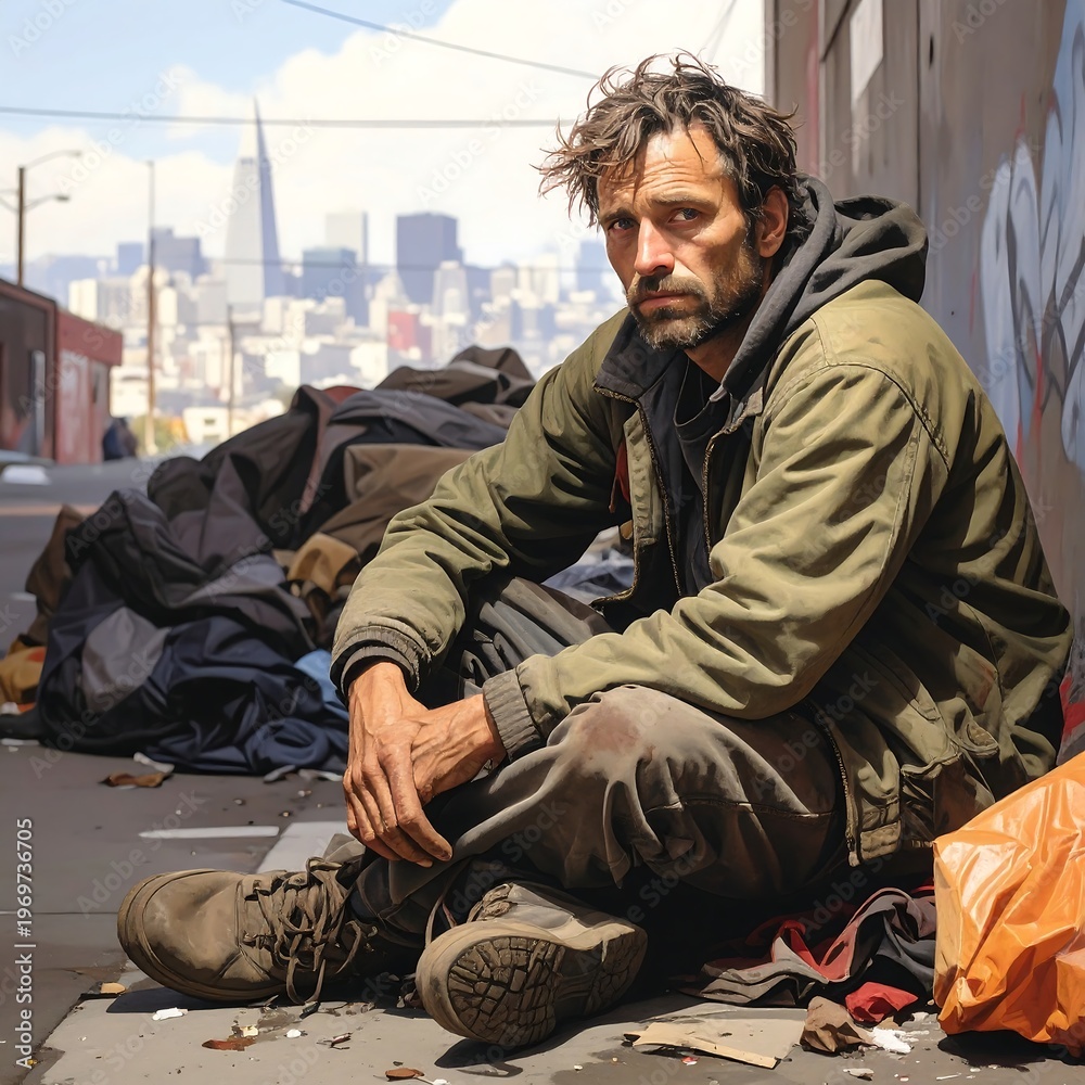 Fototapeta premium A disheveled man sits on a city sidewalk