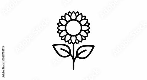 Simple black line art of a sunflower with petals and leaves