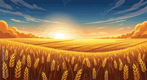 Golden Wheat Field at Sunset Landscape Illustration