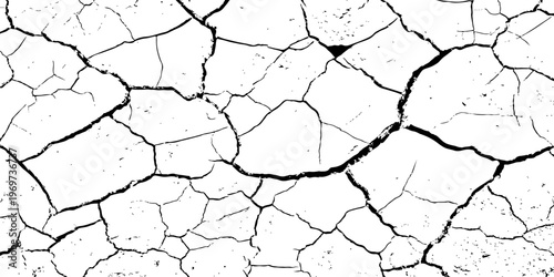 A stark, high-contrast black and white texture of deeply cracked and dry earth, featuring a dense network of thick, irregular black lines forming a grunge pattern against a pure white background.	