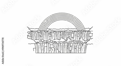 Multi-tiered waterfall with a rainbow arching over the top
