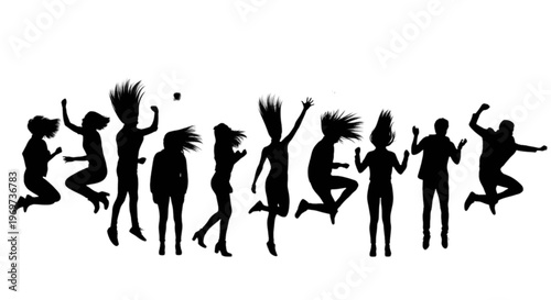 Silhouettes of people jumping and dancing in various poses