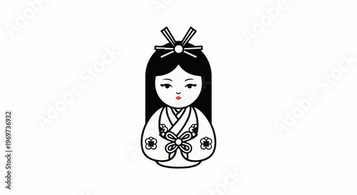 Simple illustration of a Japanese doll with black hair and red lips