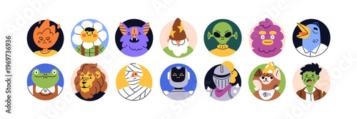 Funny head avatars set. Creative whimsical characters, user profiles. Quirky animals, alien, zombie, robot, humor face portraits in circles. Flat vector illustration isolated on white background