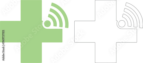 Green cross with wifi signal and outlined cross medical