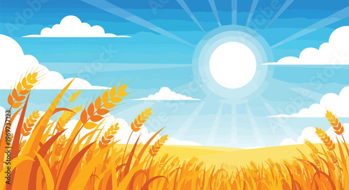 Golden Wheat Field Under Bright Summer Sun Vector Illustration