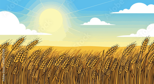 Golden Wheat Field Landscape at Sunrise Vector Illustration