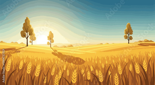 Golden Wheat Field Landscape at Sunset